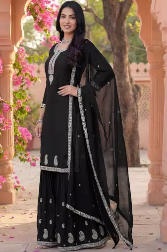 Women Ethnic Motifs Embroidered Regular Thread Work Kurta with Sharara & With Dupatta
