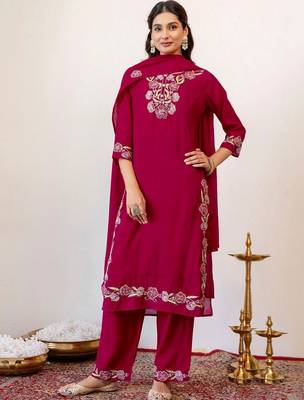 Women Floral Embroidered Regular Thread Work Kurta with Palazzos & With Dupatta 1