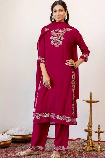 Women Floral Embroidered Regular Thread Work Kurta with Palazzos & With Dupatta