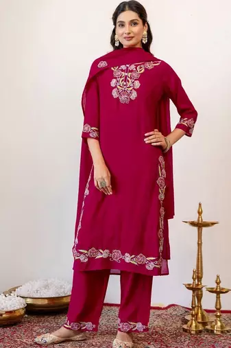 Women Floral Embroidered Regular Thread Work Kurta with Palazzos & With Dupatta