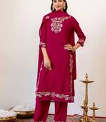 Women Floral Embroidered Regular Thread Work Kurta with Palazzos & With Dupatta