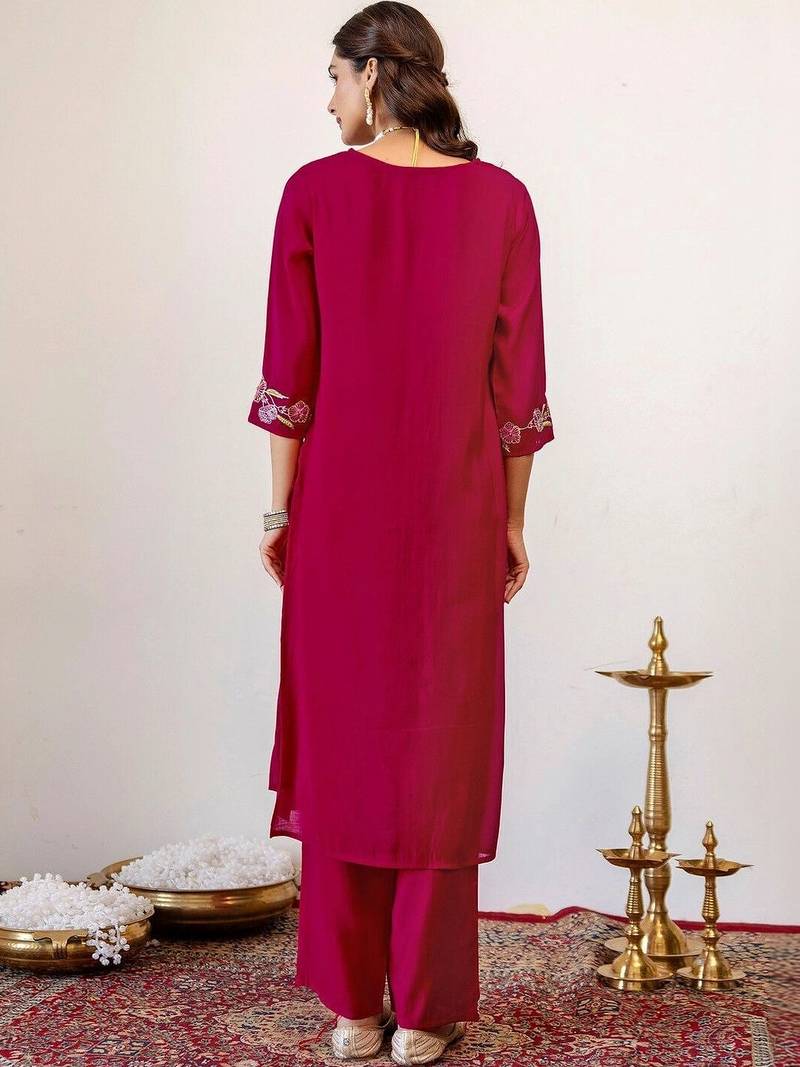 Women Floral Embroidered Regular Thread Work Kurta with Palazzos & With Dupatta