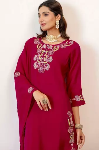 Women Floral Embroidered Regular Thread Work Kurta with Palazzos & With Dupatta