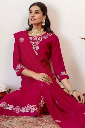 Women Floral Embroidered Regular Thread Work Kurta with Palazzos & With Dupatta