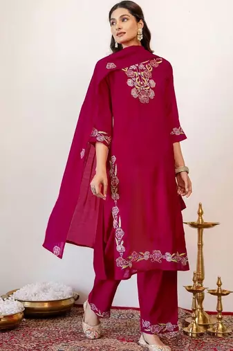 Women Floral Embroidered Regular Thread Work Kurta with Palazzos & With Dupatta