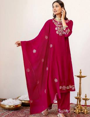 Women Floral Embroidered Regular Thread Work Kurta with Palazzos & With Dupatta 7