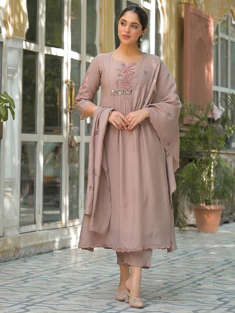 Women Ethnic Motifs Embroidered Empire Mirror Work Kurta with Trousers & With Dupatta