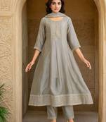 Floral Embroidered Thread Work A-Line Kurta With Trousers & Dupatta