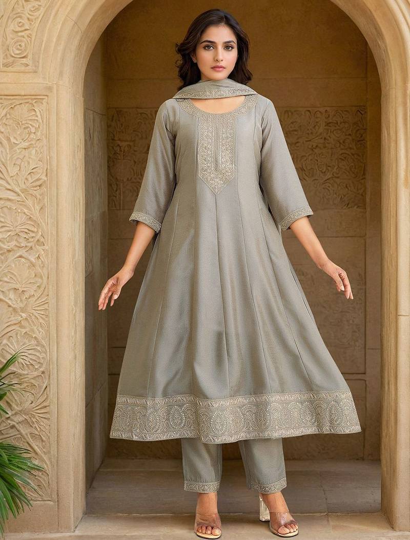 Floral Embroidered Thread Work A-Line Kurta With Trousers & Dupatta