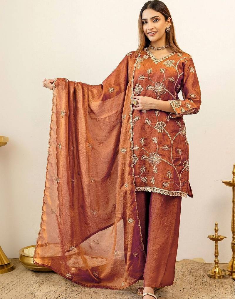 Women Floral Embroidered Regular Thread Work Kurta with Palazzos & With Dupatta