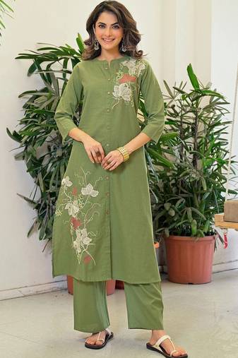 Embroidered Pista Green Viscose Rayon Co Ords for Women