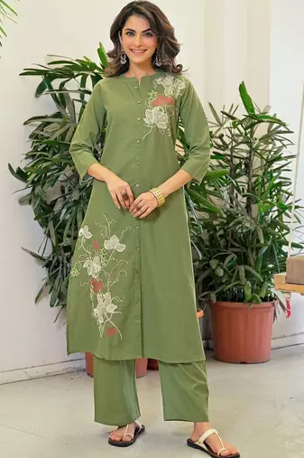 Embroidered Pista Green Viscose Rayon Co Ords for Women