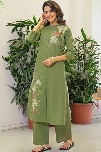 Embroidered Pista Green Viscose Rayon Co Ords for Women
