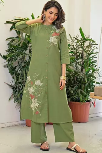 Embroidered Pista Green Viscose Rayon Co Ords for Women