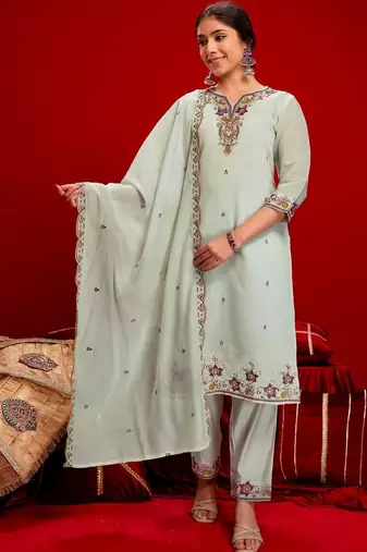 Women Floral Embroidered Regular Thread Work Chanderi Cotton Kurta with Trousers & With Dupatta