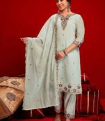 Women Floral Embroidered Regular Thread Work Chanderi Cotton Kurta with Trousers & With Dupatta