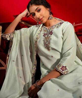 Women Floral Embroidered Regular Thread Work Chanderi Cotton Kurta with Trousers & With Dupatta 4