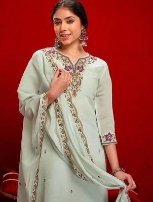 Women Floral Embroidered Regular Thread Work Chanderi Cotton Kurta with Trousers & With Dupatta 5