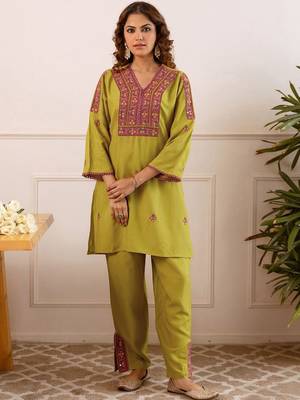 Embroidery Lace Mustard Yellow Rayon Co Ords for Women 1