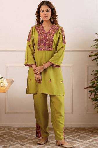 Embroidery Lace Mustard Yellow Rayon Co Ords for Women