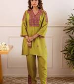 Embroidery Lace Mustard Yellow Rayon Co Ords for Women