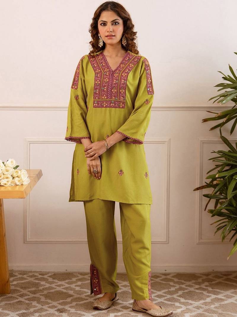 Embroidery Lace Mustard Yellow Rayon Co Ords for Women