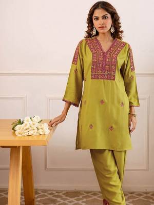 Embroidery Lace Mustard Yellow Rayon Co Ords for Women 2