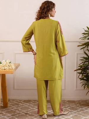 Embroidery Lace Mustard Yellow Rayon Co Ords for Women 3
