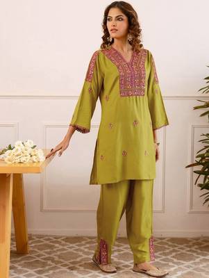 Embroidery Lace Mustard Yellow Rayon Co Ords for Women 4