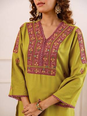 Embroidery Lace Mustard Yellow Rayon Co Ords for Women 5