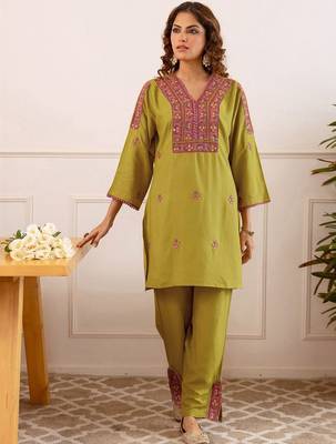 Embroidery Lace Mustard Yellow Rayon Co Ords for Women 6
