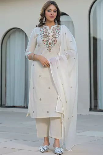 Women Ethnic Motifs Embroidered Regular Thread Work Kurta with Trousers & With Dupatta