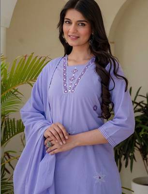 Women Ethnic Motifs Embroidered Regular Thread Work Pure Cotton Kurta with Trousers & With Dupatta 2