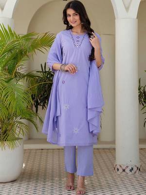 Women Ethnic Motifs Embroidered Regular Thread Work Pure Cotton Kurta with Trousers & With Dupatta 5