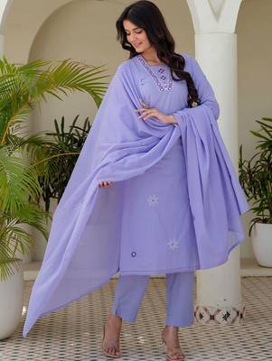 Women Ethnic Motifs Embroidered Regular Thread Work Pure Cotton Kurta with Trousers & With Dupatta 6