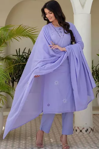 Women Ethnic Motifs Embroidered Regular Thread Work Pure Cotton Kurta with Trousers & With Dupatta