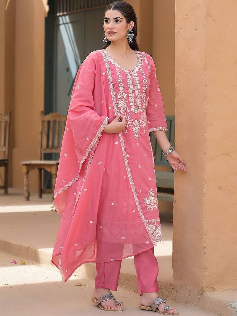 Women Ethnic Motifs Embroidered Regular Thread Work Kurta with Trousers & With Dupatta