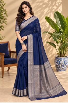 Navy Blue Banarasi Woven Gold Zari Design Pure Soft Georgette Fabric Lightweight Saree Unstitche 1