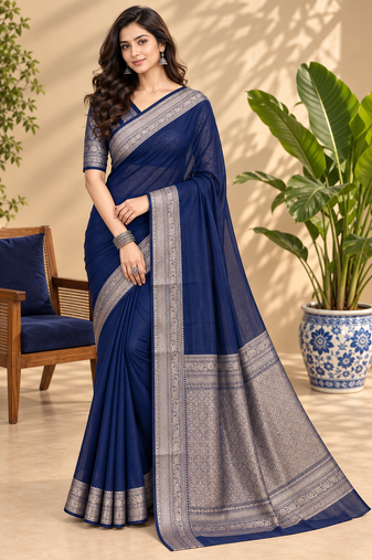Navy Blue Banarasi Woven Gold Zari Design Pure Soft Georgette Fabric Lightweight Saree Unstitche