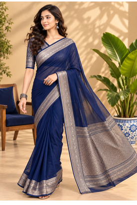 Navy Blue Banarasi Woven Gold Zari Design Pure Soft Georgette Fabric Lightweight Saree Unstitche 3