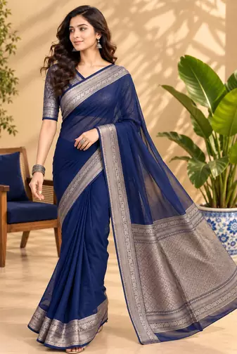 Navy Blue Banarasi Woven Gold Zari Design Pure Soft Georgette Fabric Lightweight Saree Unstitche