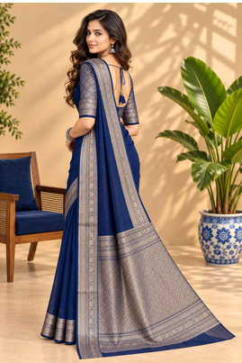 Navy Blue Banarasi Woven Gold Zari Design Pure Soft Georgette Fabric Lightweight Saree Unstitche 4