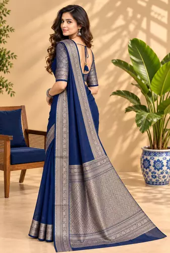 Navy Blue Banarasi Woven Gold Zari Design Pure Soft Georgette Fabric Lightweight Saree Unstitche