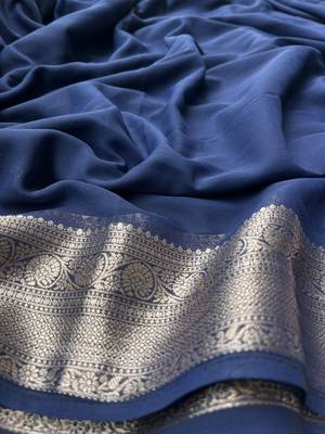 Navy Blue Banarasi Woven Gold Zari Design Pure Soft Georgette Fabric Lightweight Saree Unstitche 5