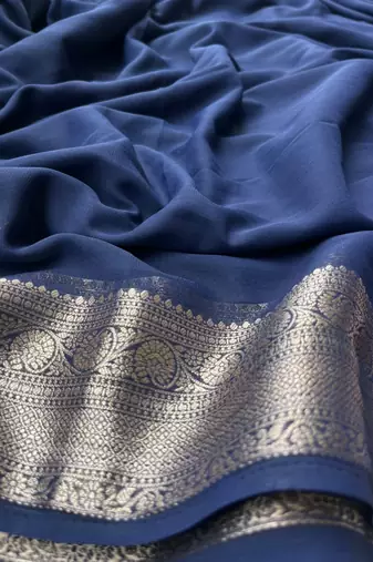 Navy Blue Banarasi Woven Gold Zari Design Pure Soft Georgette Fabric Lightweight Saree Unstitche