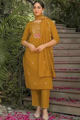 Women Floral Regular Mirror Work Pure Silk Kurta & Trousers With Dupatta