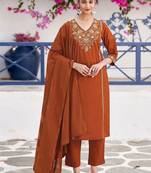 Women Embroidered Regular Pure Cotton Kurta with Trousers & With Dupatta