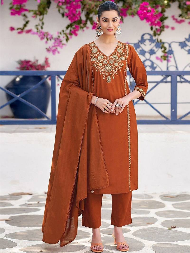 Women Embroidered Regular Pure Cotton Kurta with Trousers & With Dupatta