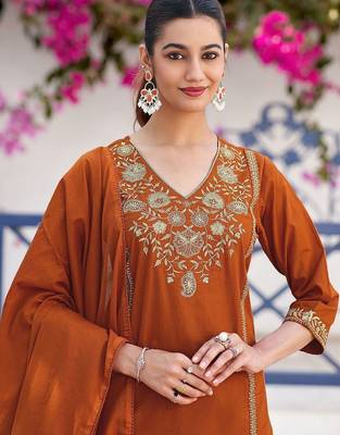 Women Embroidered Regular Pure Cotton Kurta with Trousers & With Dupatta 7