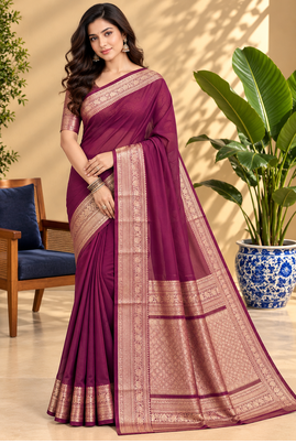 Wine Banarasi Woven Gold Zari Design Pure Soft Georgette Fabric Lightweight Saree Unstitche 1